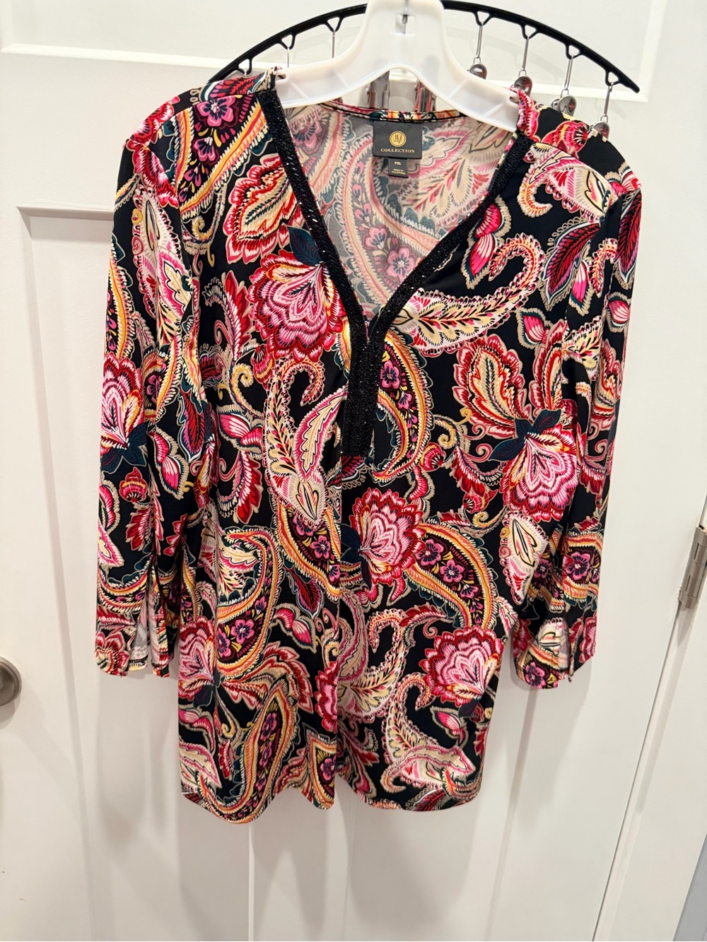 JM Collection PXL Black Paisley Beaded V Neck Tunic Top Petite XL 3/4 Sleeve